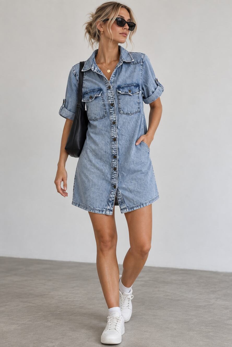 Noisy May Denim Shirt Dress Womens S Acid Wash Button Front Utility Mini